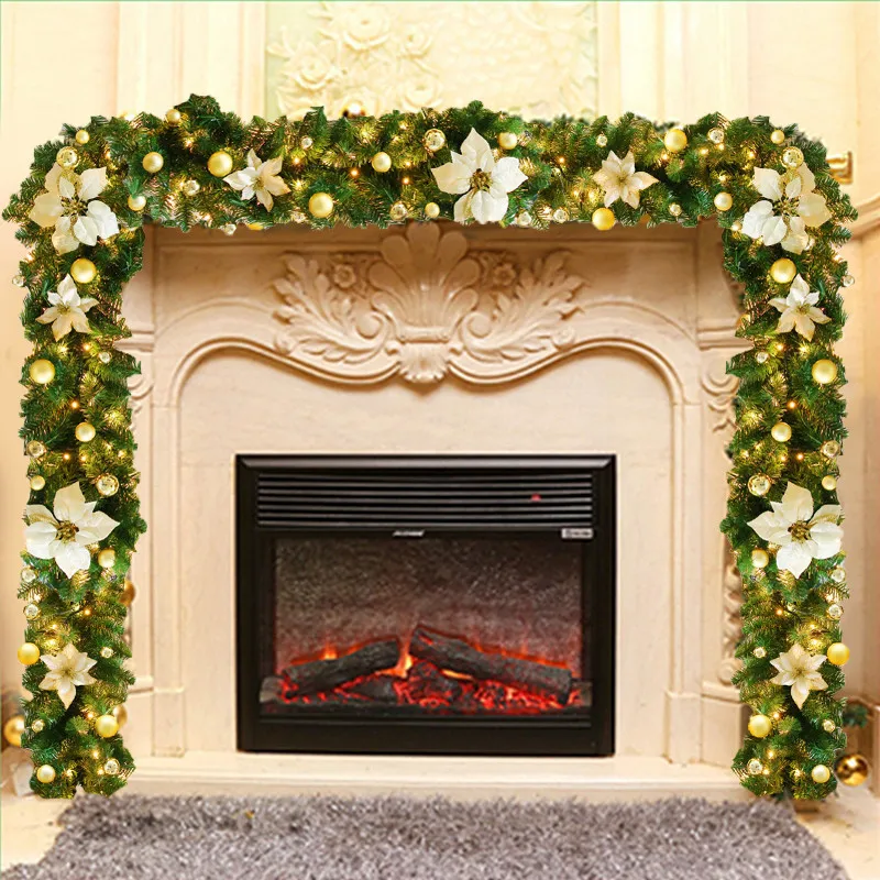 

2.7M Luxury Christmas LED Rattan Garland Decorative With Lights Flower Green Artificial Xmas Tree Banner Party Decoration Wreath
