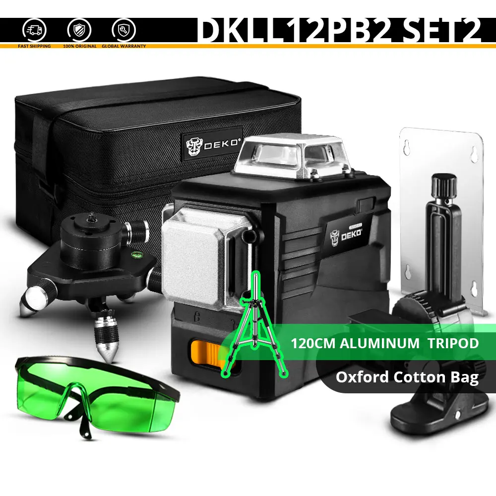 DKLL12PB2 SET2 DEKO DC серия 3D 360 градусов вращающийся самонивелирующийся лазерный уровень зеленый мощный вертикальный горизонтальный 12 поперечных линий внутри/снаружи - Цвет: DKLL12PB2 SET2