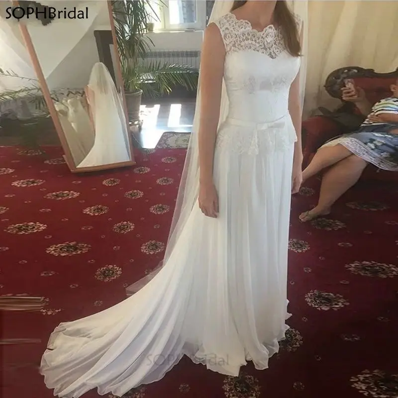 

New Arrival Elegant Appliques Wedding Dresses Simple Sleeveless Lace Chiffon Bow Sash Sheath Bridal Dress Wedding Gowns платье