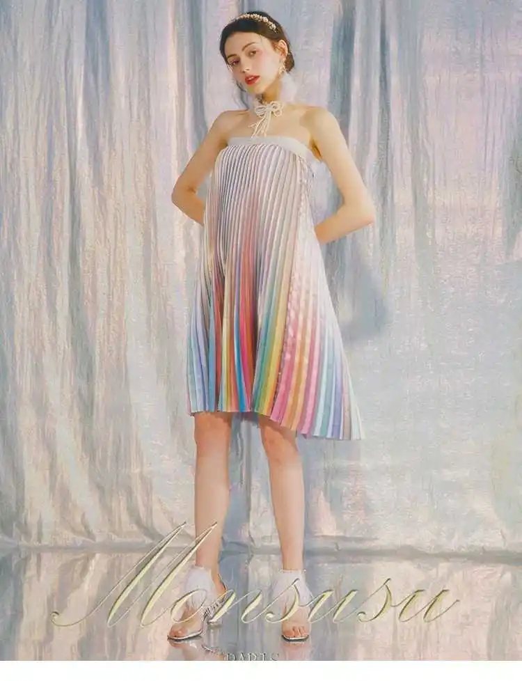 Женская длинная юбка в радужную полоску плиссированная блестящая с высокой