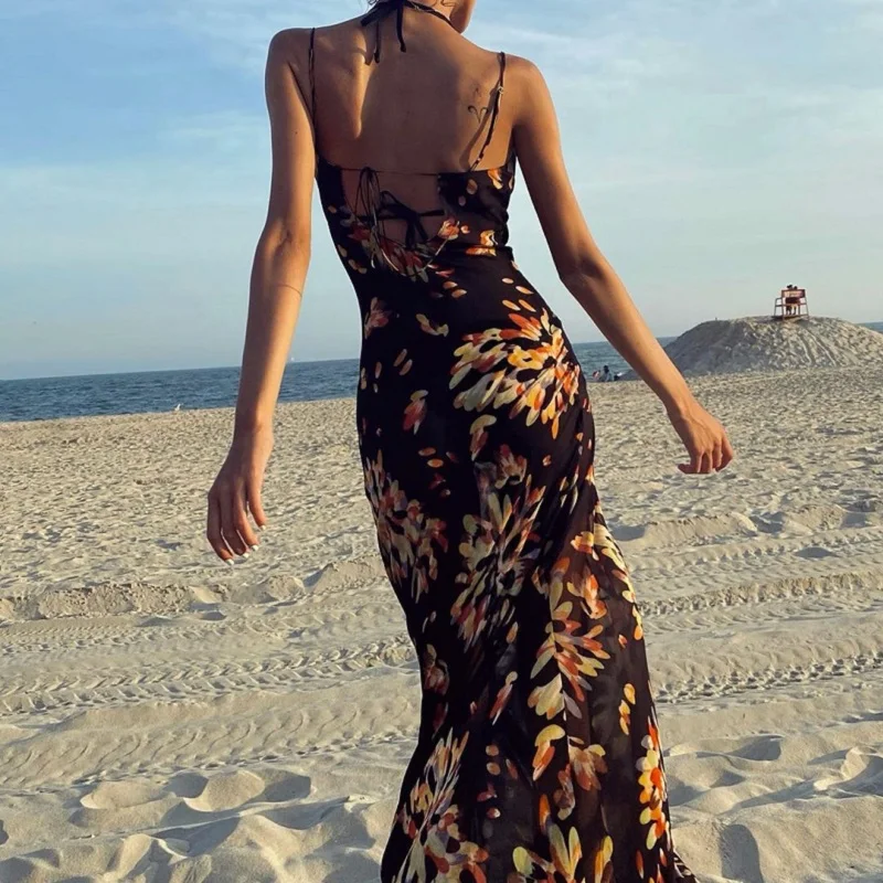 

Summer Dresses Spaghetti Strap Women's Slip Dress Floral Print Sexy Backless Maxi Dresses Party Club Beach Long Dress 2021