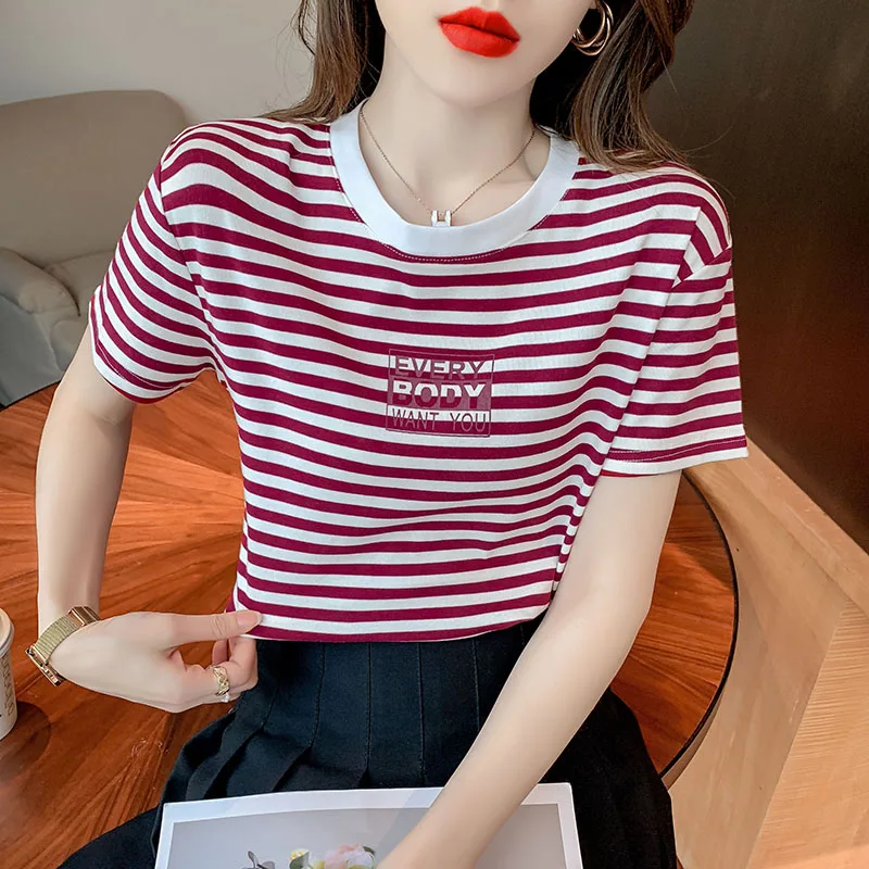 stripe Women T-shirt Harajuku  Short-Sleeved Women Cotton Loose  Korean Female Clothes