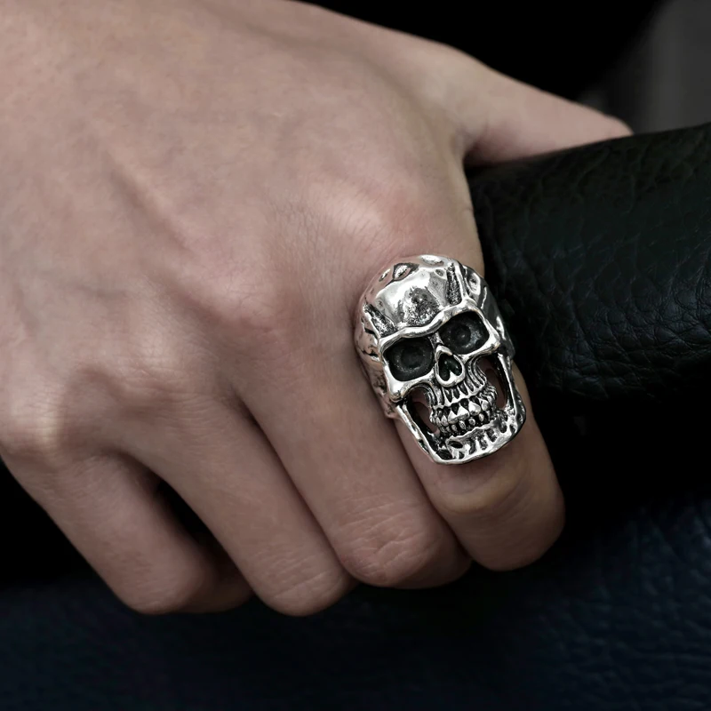 

Vintage Punk Skeleton Silver Plated Rings for Men Male Stainless Steel Skull Head Ring Creative Jewelry Gifts Size 9.5