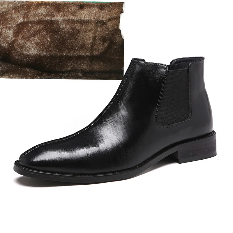 black With Fur Сезон осень-зима; мужские ботинки «Челси»; кожаная повседневная обувь; мужские свадебные модельные Полусапоги без шнуровки в британском стиле - Цвет: black With Fur