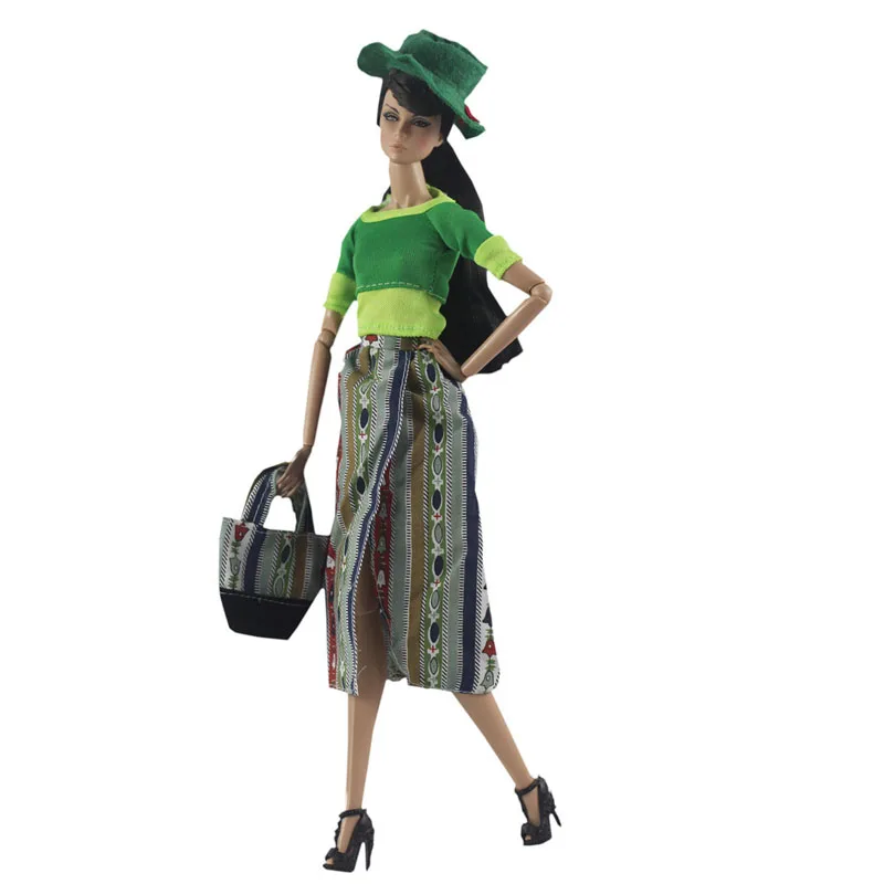 

Green Casual Wear Doll Clothes Set For Barbie Doll Shirt Striped Midi Skirt Hat Bag Outfits For Barbie 1/6 BJD Dolls Accessories