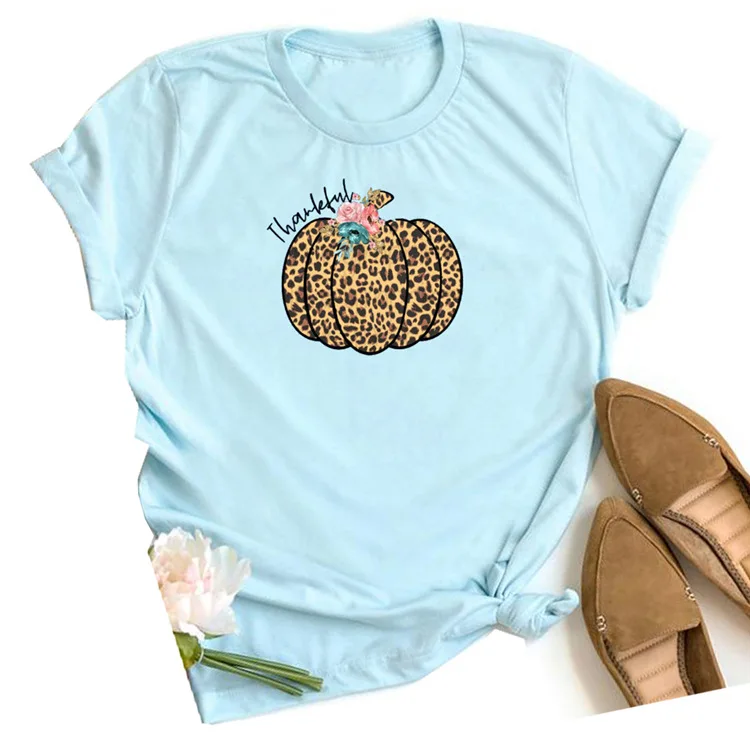 

Thankful Leopard Woman Tshirts Pumpkin Print Graphic Tees Halloween 2020 Autumn Shirt Girls Plus Size Graphic Tees Casual