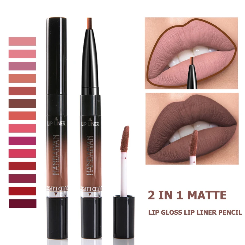

2 In 1 Makeup Double-head Lip Gloss Lipliner Waterproof Moisturizing Lasting Sexy Red Pigments Matte Cosmetics Professional