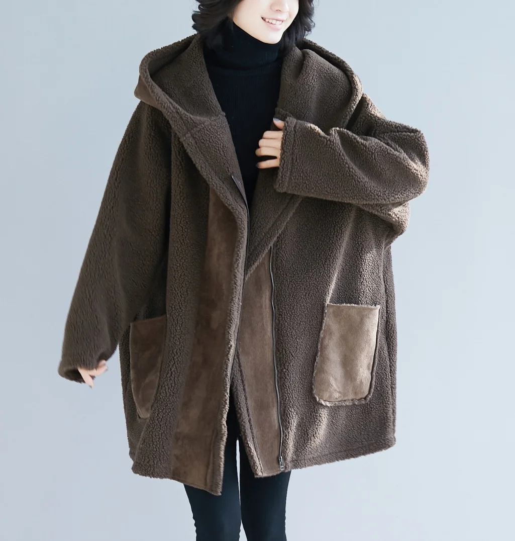 

Fashion New lambswool Coat Coat Hooded Coat Long Section Loose Thickening Lamb Fur Coat Female Cotton Office Lady Full Solid