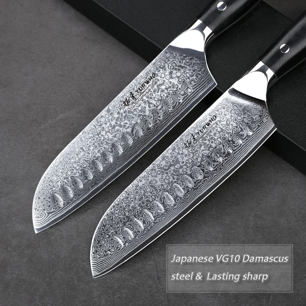 TURWHO 7 дюймовые кухонные ножи Santoku 67 слоев дамасская сталь нож шеф повара для мяса