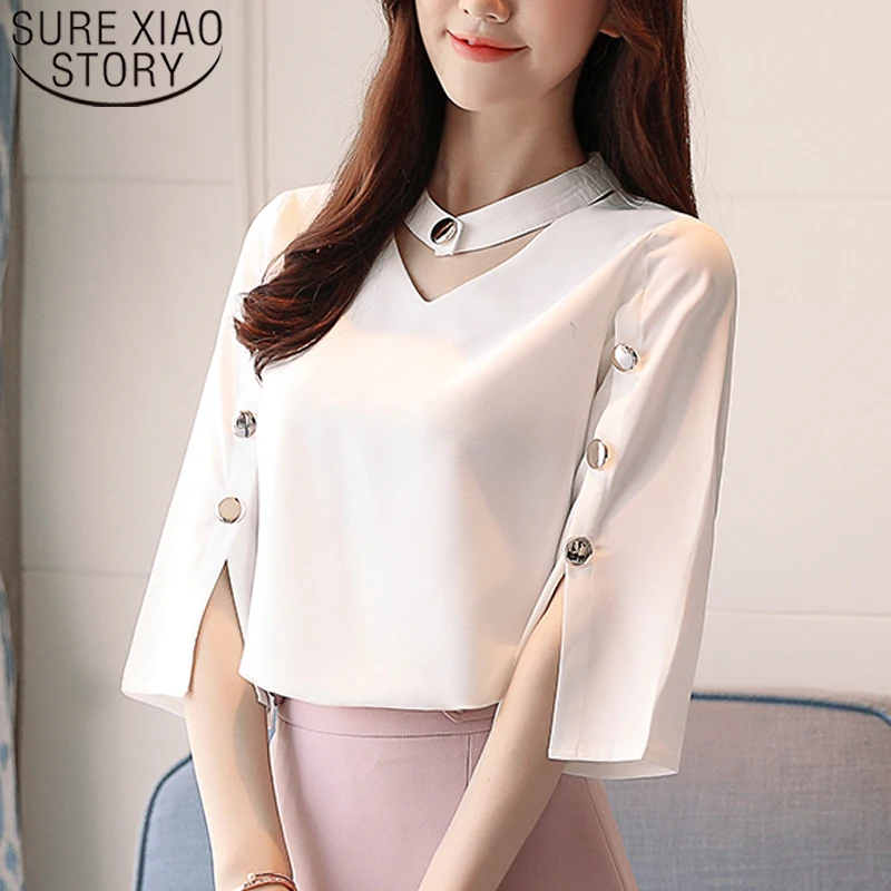 

2020 Ladies' Tops Women Blouse Beading Solid White Shirt Blouse Clothes Harajuku Three Quarter V-Neck Chiffon Blouse 2994 50