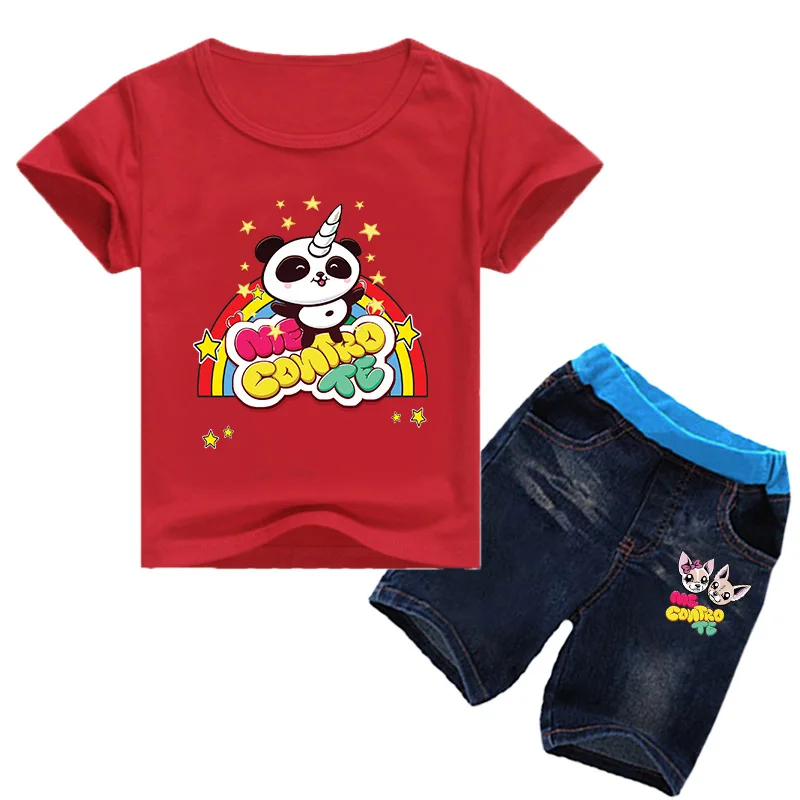 

summmer boys clothes girl set children's clothing cartoon hot stamping printing jeans children's clothing set 0385-2