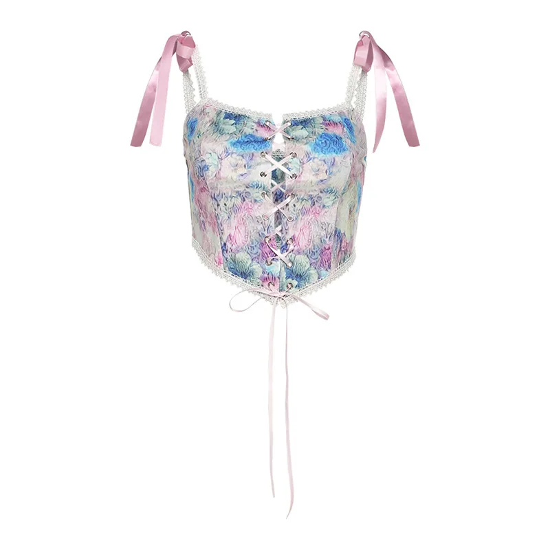 

FAKUNTN Vintage Lace Corset Top Women's Tank Tops Sexy Cami Bow-knot Square Collar Backless Bandage Slim Corset