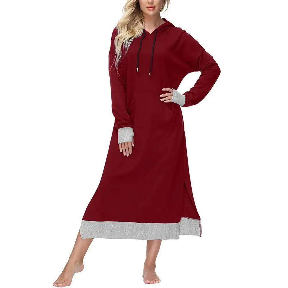 

Женское платье с капюшоном, Осеннее контрастное лоскутное платье контрастных цветов с большими карманами и Боковым Разрезом для повседнев...