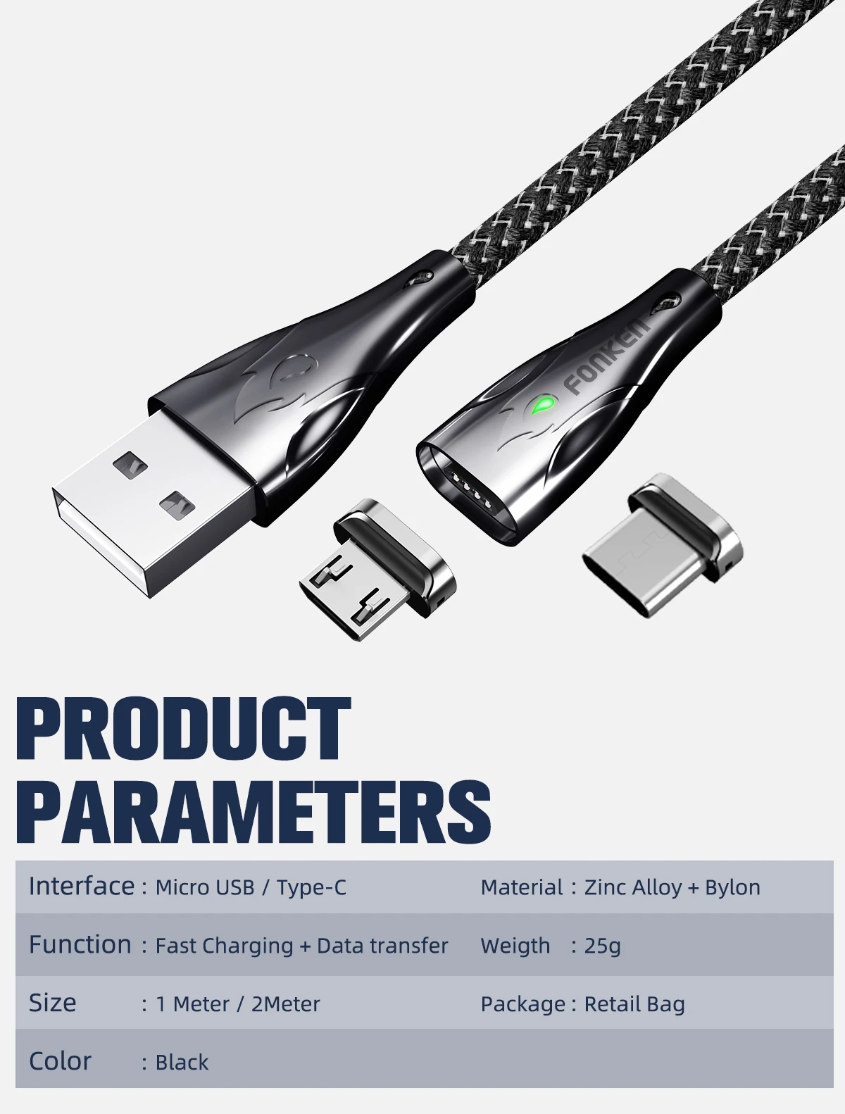 FONKEN Тип C Магнитный кабель Магнит Micro USB телефонный кабель из цинкового сплава, цинковый сплав 5A Быстрая зарядка для телефона шнур 1m 2m Тип-C кабель данных