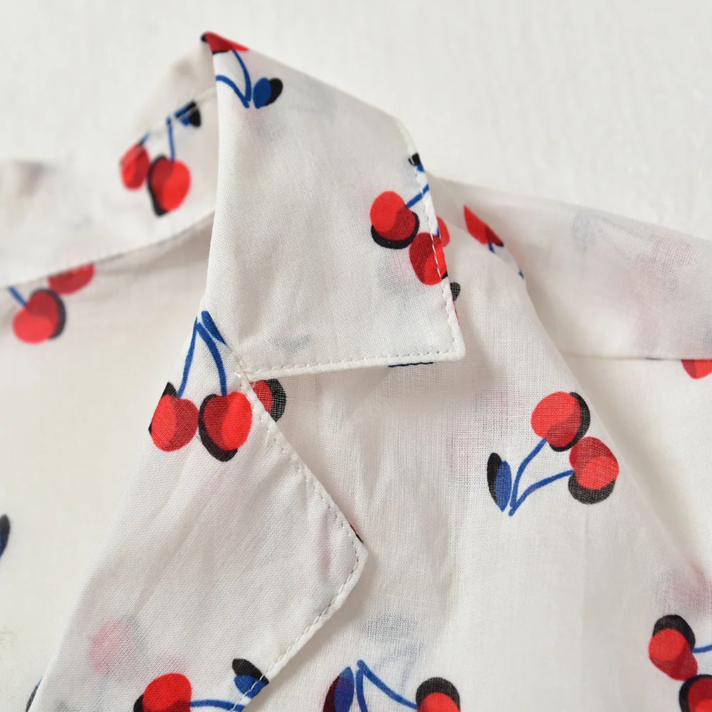 

Cherry Print Women's Short Blouse Bow Lace-up V-neck Short Sleeve Fresh Sweet Single Breasted Shirt Female Clothes Summer New