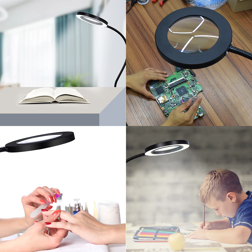 Toolour USB 5X Увеличительное стекло светодиодный световой зажим Гибкий Кронштейн большой объектив Настольная лампа для чтения Рабочий инструмент освещения