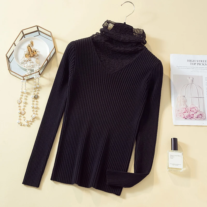 Кружевной пуловер в стиле пэчворк с высоким воротником свитер для женщин зимний