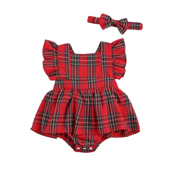 

Newborn Girls Children Christmas Costume Plaid Butterfly Sleeve Bodysuits Jumpsuit with Bow Headband Xmas Costume