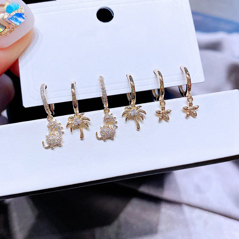 

6 Piece Fashion Zircon Star Pendant Hanging Earrings Set For Women Korean Gold Hoop Earrings Girls Jewelry Wedding Gift