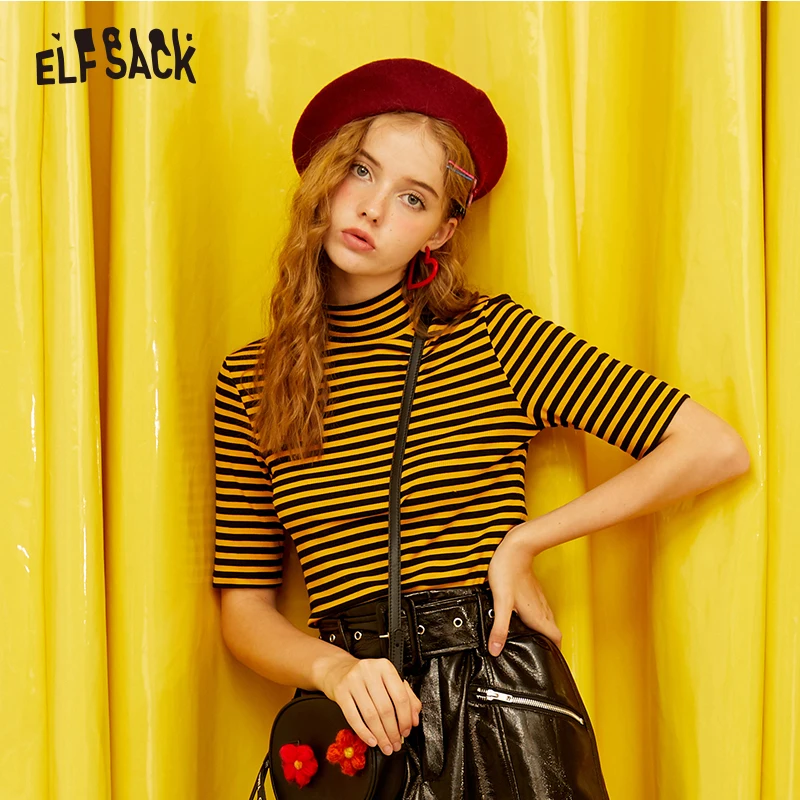 ELFSACK винтажная полосатая женская футболка осень 2019 новинка блестящие женские