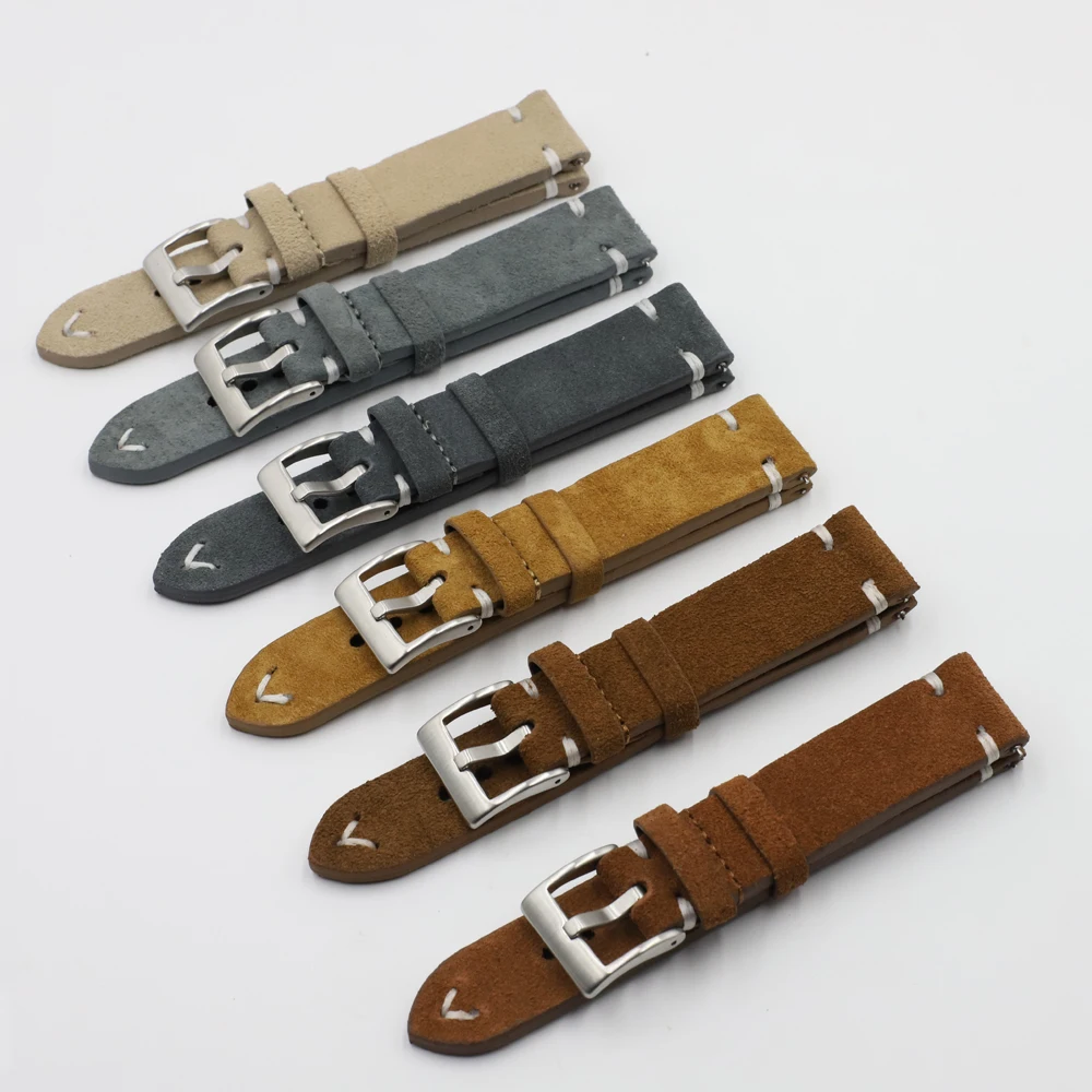 Suede Leather Watch Strap Band 18mm 20mm 22mm 24mm Brown Coffee Watchstrap Handmade Stitching Replacement Wristband