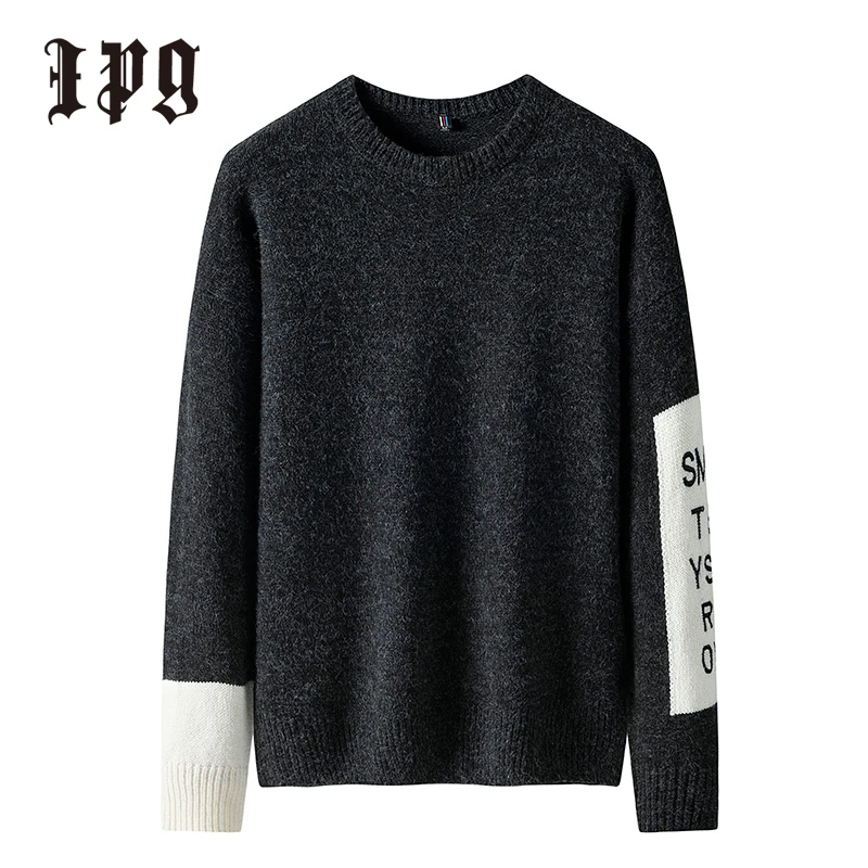 

Ipg New Men Sweaters Pullovers O-Neck Casual Mens Clothing Stitching Color Sleeve Letter Embroidery Knitwear Sweater Man Tops