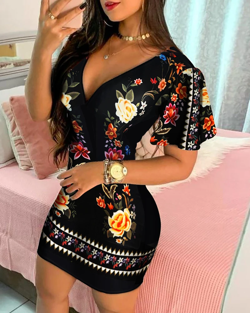 

2021 Women Elegant Dress Polkadot Print Ruffles Scarf Print Chain Ruffles Sleeve Floral Print Bodycon Dress