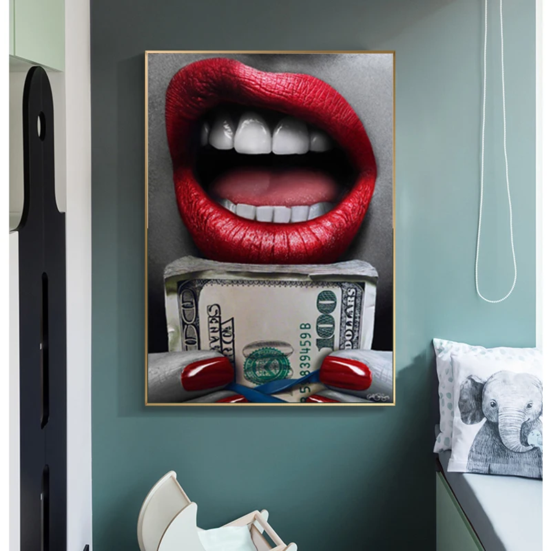 Самоотверженно на холсте в виде красных губ с плакаты изображением оружия и