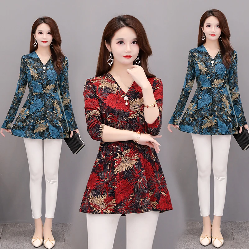 

New Arrival Spring 2021 European Style Women Fashion Casual Beading V Neck Printing Floral Peplum Elegant L-5xl Long Blouse 132