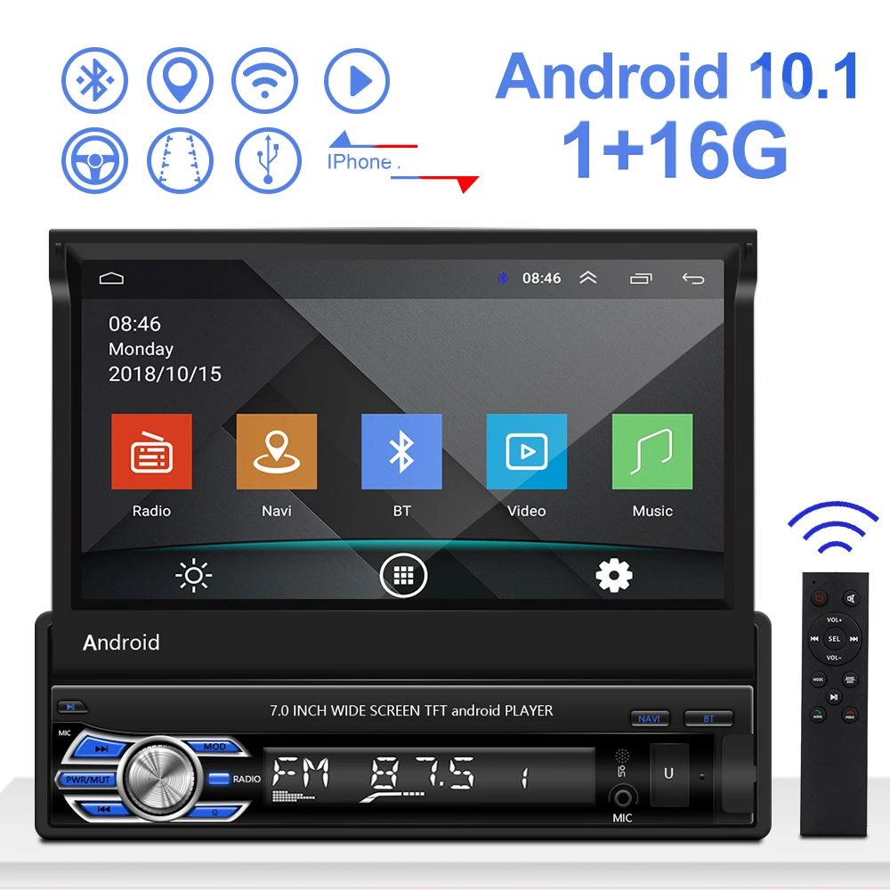 

7 Inches 1 Din Car Radio Multimedia Player Rotatable HD Screen GPS Navigation FM WIFI Connection with Android 10.1