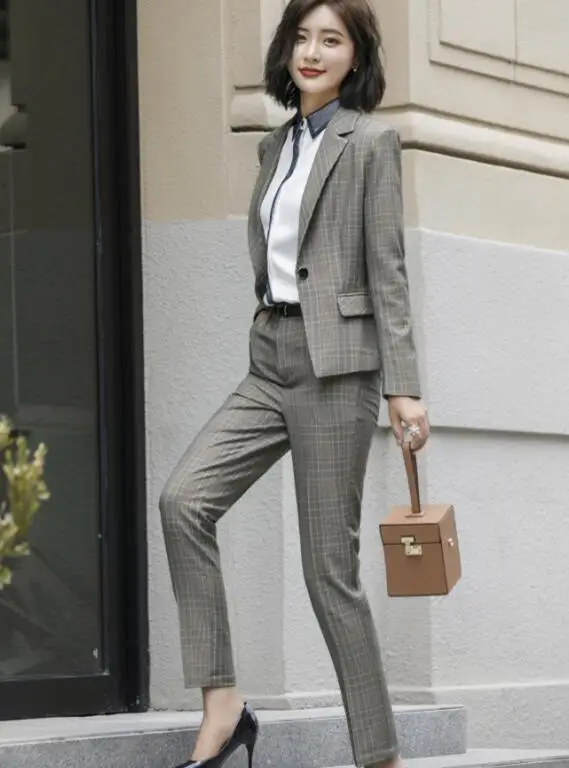 pants suits Костюм женский брючный костюм женский костюмы женские женский костюм Стильные клетчатые брюки высокого качества, костюмы для женщин, деловой Блейзер, брюки, Офисная Леди, комплект из 2 предметов, 4XL Осень-зима - Цвет: pants suits