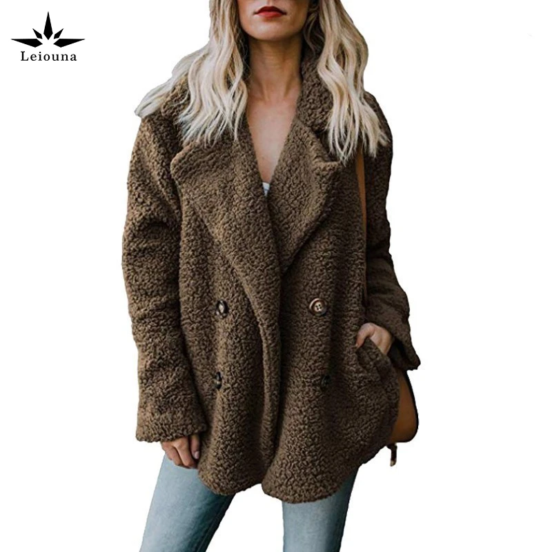 Женское пальто с искусственным мехом Leiouna длинное приталенное из искусственного