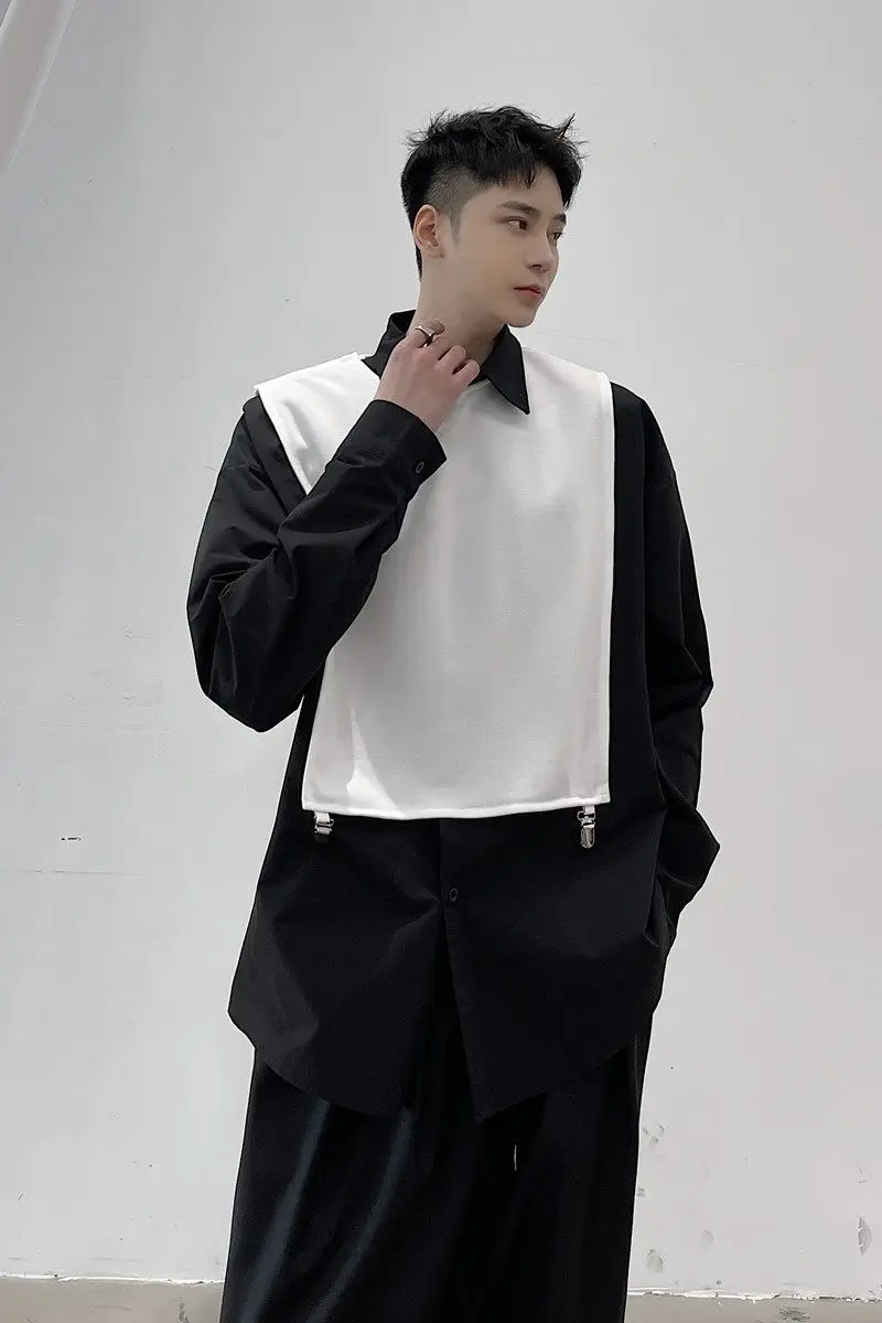 

IEFB Men's Wear Design Loose Long Sleeve Shirt Fake Two Pieces Patchwork White Shawl Men's Casual Tops 2021 Spring New 9Y5561