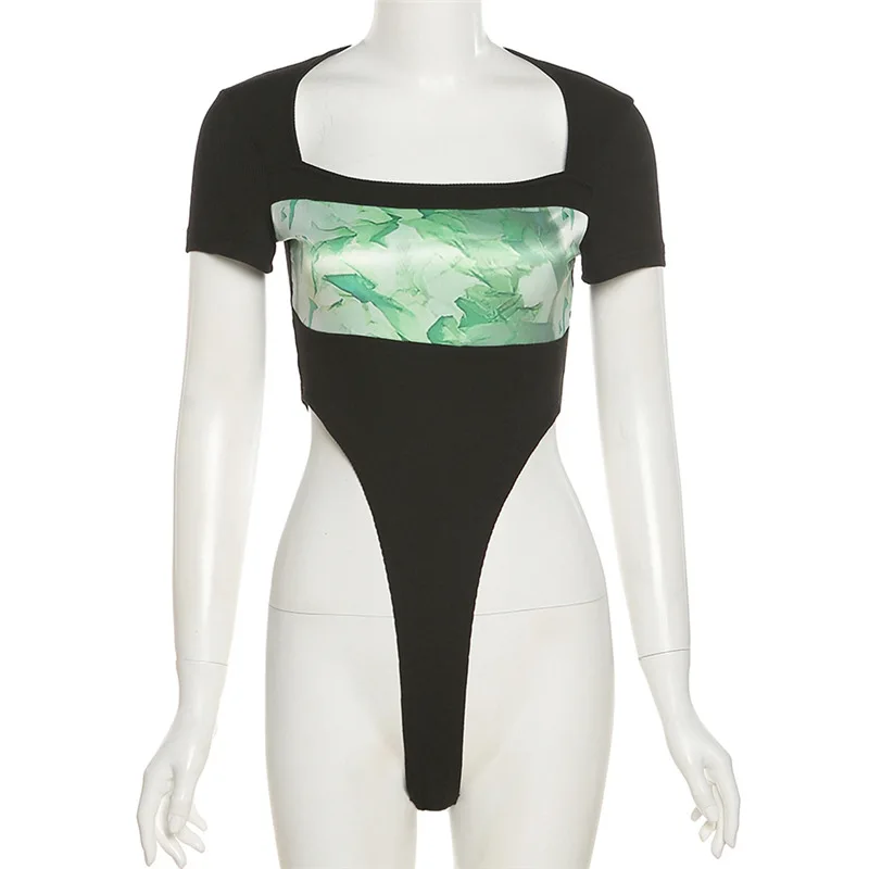 

Goth Dark Gothic Grunge Graphic Print Bodysuits Punk Black Bodycon Square Neck Women Bodysuit Short Sleeve Summer Sexy Clothes