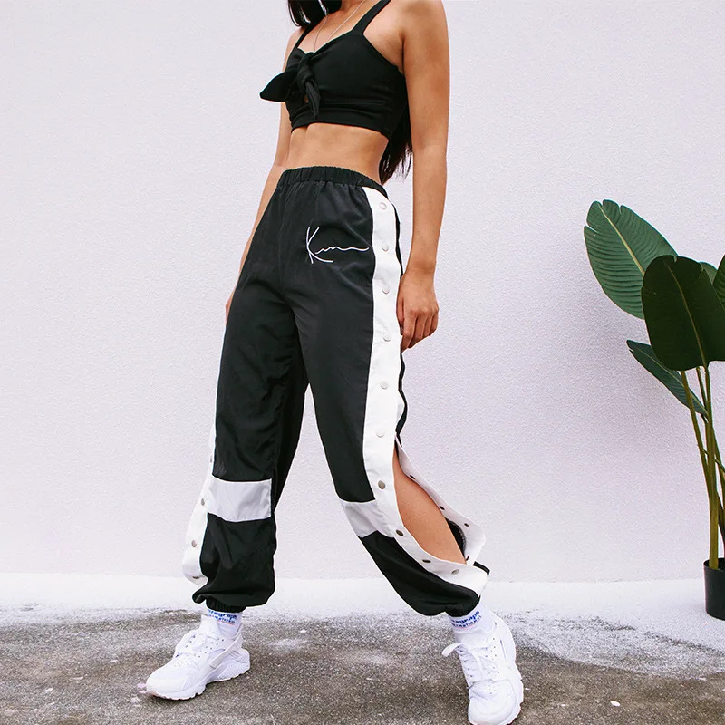 

HOUZHOU Joggers Women Pants Hip Hop Patchwork Sweatpants Harem Casual Side Split Button Panelled High Waist Trousers Streetwear