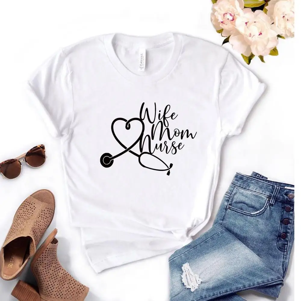 

Women T Shirt Wife Mom Nurse Print Tshirt Women Short Sleeve O Neck Loose T-shirt Ladies Summer Causal Tee Shirt Clothes Tops