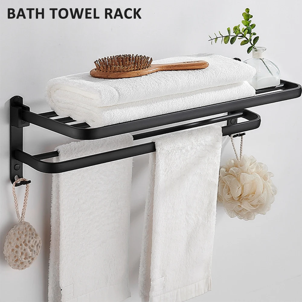 

60CM Black Double Towel BarsBathroom Towel Hanger Space Aluminum Bathroom Accessories Wall Mounted Towel Rack Storage Shelf