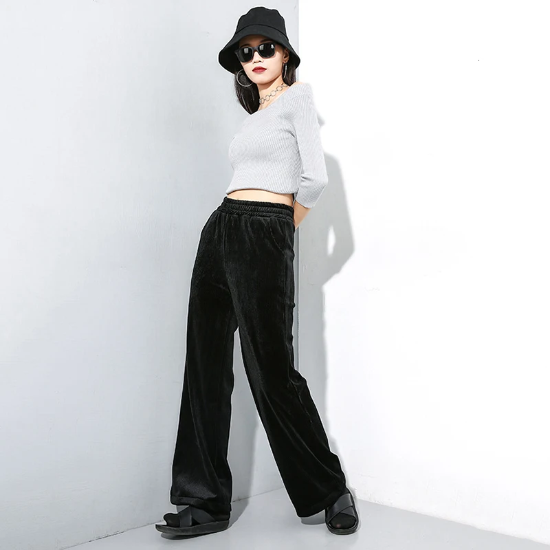 [EAM] High Elastic Waist Black Long Velvet Wide Leg Trousers New Loose Fit Pants Women Fashion Tide Spring Autumn 19A-a25