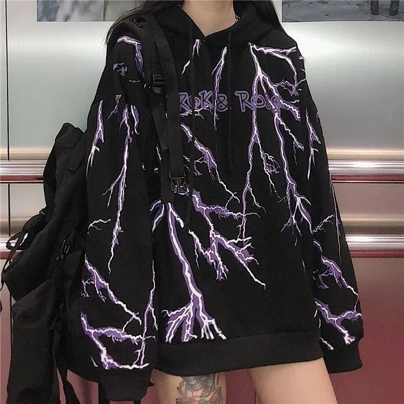 

Winter Women'S Korean Harajuku Streetwear Dark Lightning Print Hooded Sweatshirt Fashion Loose Women'S Sweatshirt CN(Origin)