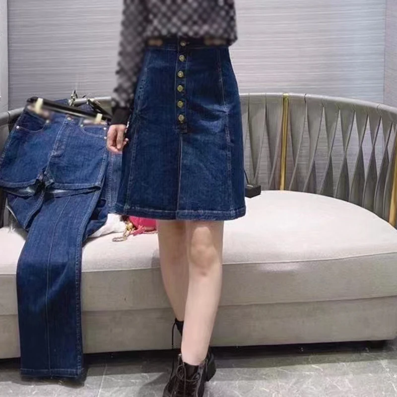 

VGH Vintage Blue Denim Skirt For Women High Waist Korean Solid Split Slim A Line Midi Skirts Female 2021 Summer Fashion Clothing