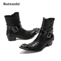 batzuzhi high quality leather ankle boots men punk 6 5cm high heel western cowboy boots handmade pointed iron toe with chains