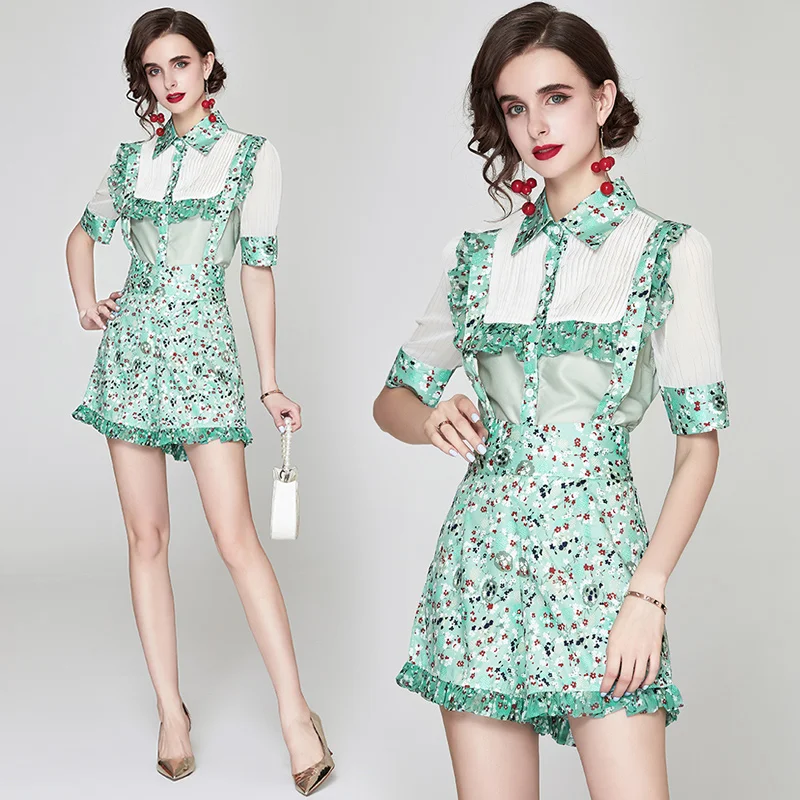 

Summer Holiday Clothing Flower Print Bronzing Shirts Blouses + Suspenders Pleats Shorts Girls Ruffles Top Two Piece Sets 8609