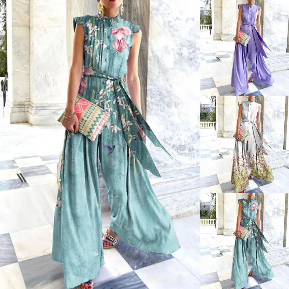 

Женский комбинезон с цветочным принтом и воротником-стойкой, женский комбинезон с широкими штанинами и поясом в стиле пэчворк, однобортный ...