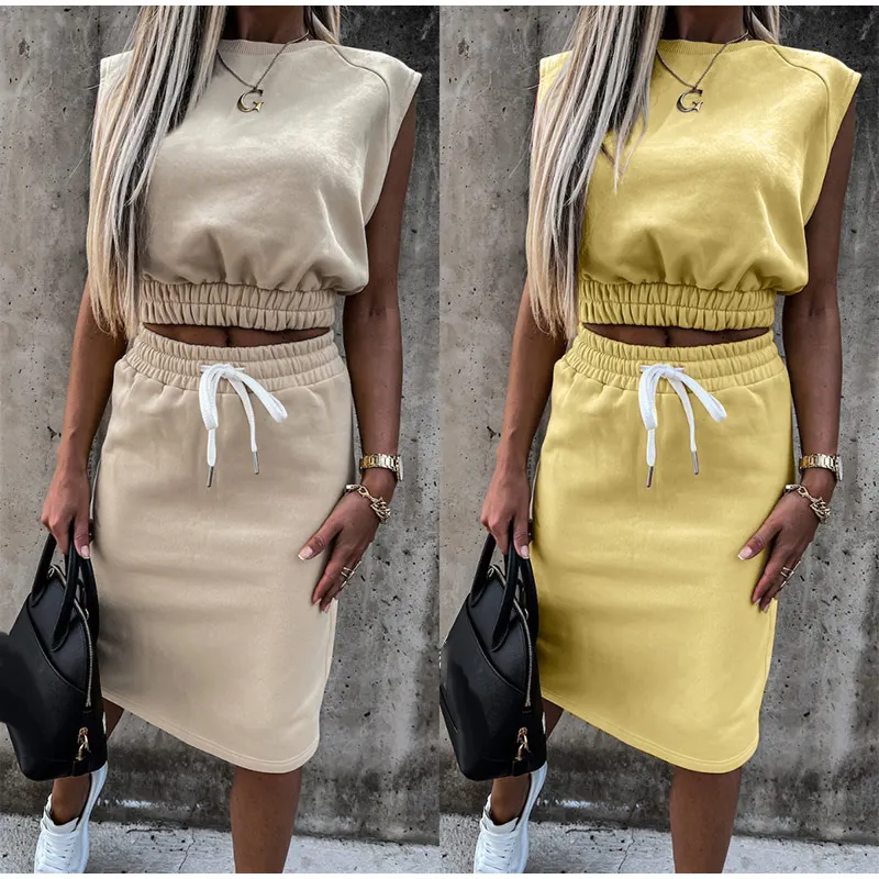 

Women Set With Skirt Solid Slim Ladies Skirts Suit Sleeveless Sweatshirt Crop Tops And Split Lace Up Bottom 2021 Summer Fashion