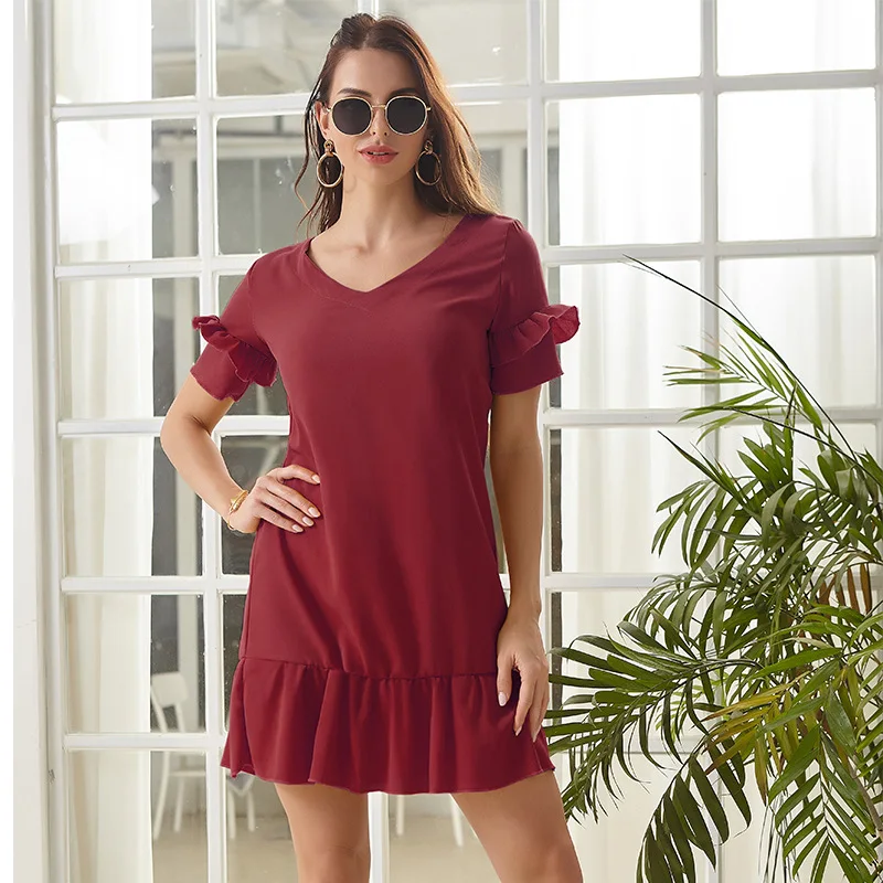 

2020 New Summer Women's Lotus Leaf Skirt Short Sleeve Solid Color Slim Tight High Waist Dress