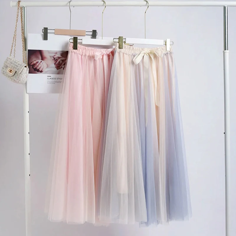 

Elegant Sweet Pleated Mesh Skirts Korean Style Summer High Waist Tulle Skirts Long Skirts Fashion Office A-line Waist Skirt 2021