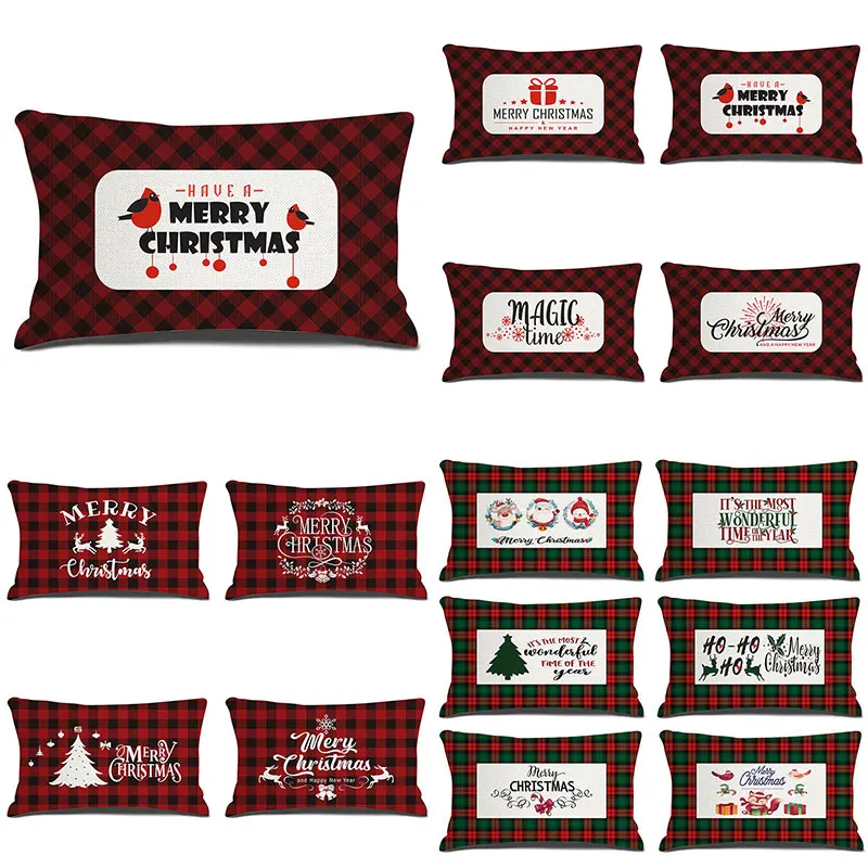 

New Year Gift Plaid Cushion Cover 30*50cm Pillowcase Merry Christmas Printed Pillows Sofa Xmas Linen Pillowcase Home Decor