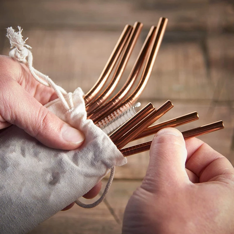 Розовое золото Цвет питьевой соломы Многоразовые металлические трубочки для