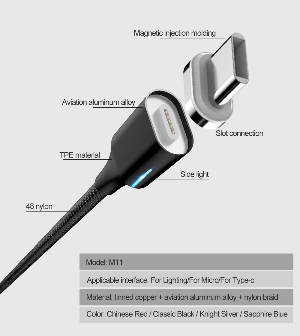 Магнитный кабель 3A для быстрой зарядки, кабель Micro USB type C для Android iPhone X XS MAX XR, магнитный usb-кабель для зарядки, нейлоновый шнур для передачи данных