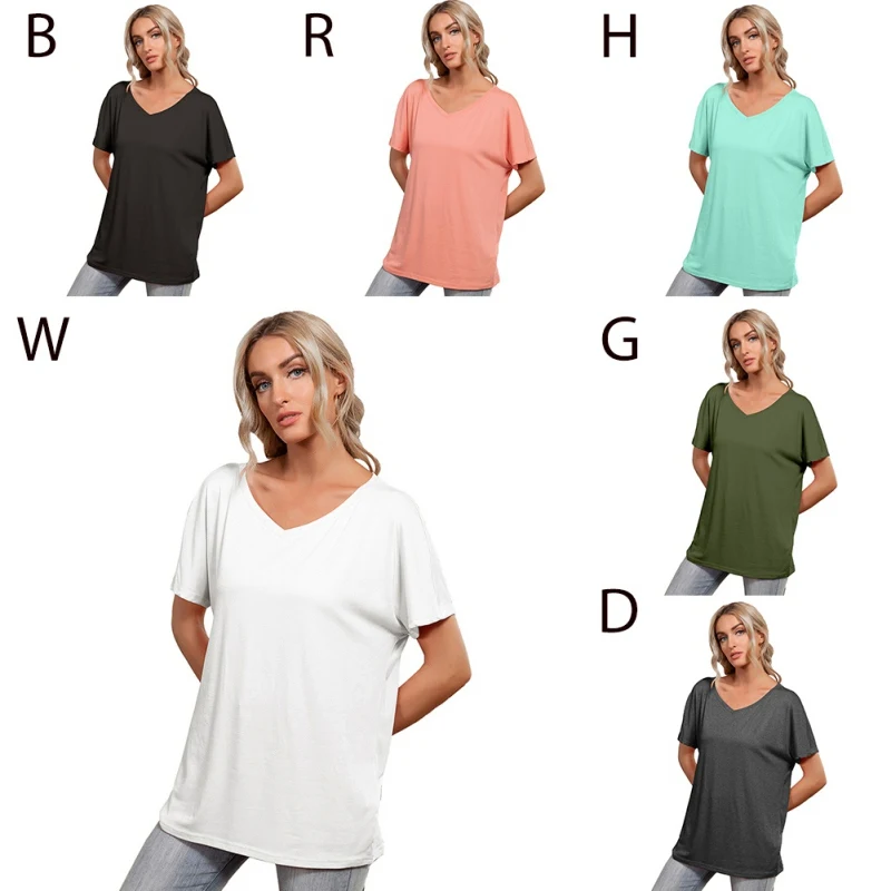 

Summer Women Short Sleeve T-Shirt V-neck Casual Tee Shirt Loose Solid Color Casual Hipster T-shirt Short Simple Top All-Matched